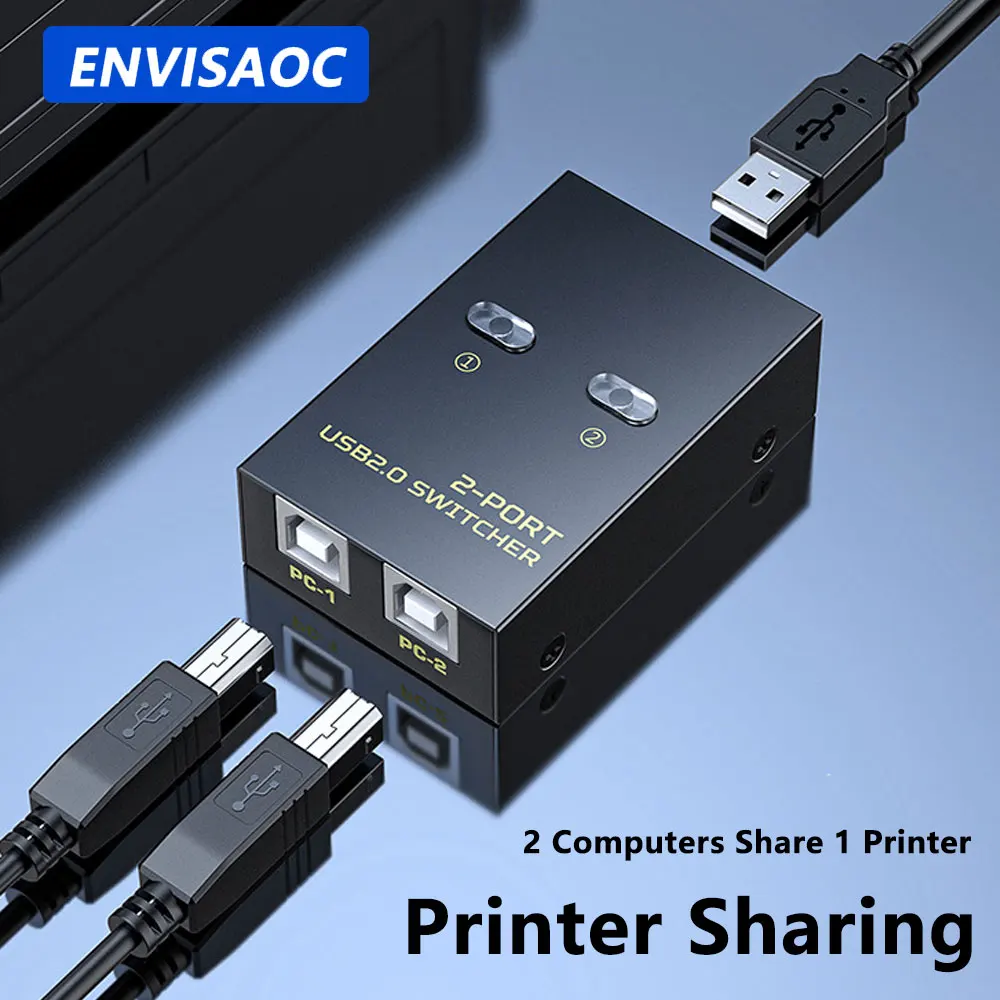 ENVISAOC USB Printer Sharer Switch 2 In 1 Out 2 Computers Share 1 Printer Udisk Mouse Keyboard Printer Cable USB2.0 2 Ports Hub