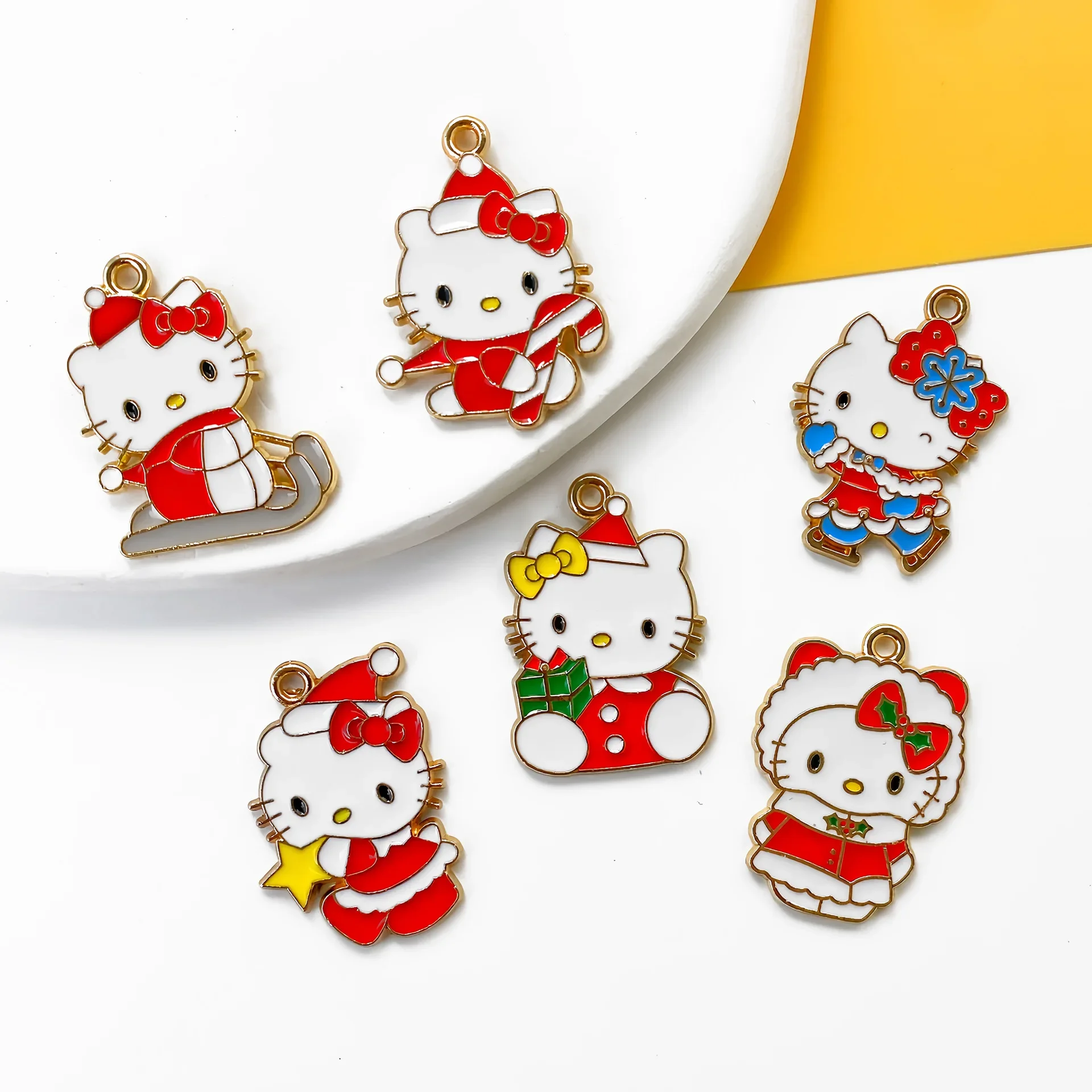 10PCS Christmas New Year Celebration HelloKittys Alloy Pendant Cute Metal Charm DIY Necklace Bracelet Earings Keychain Accessory