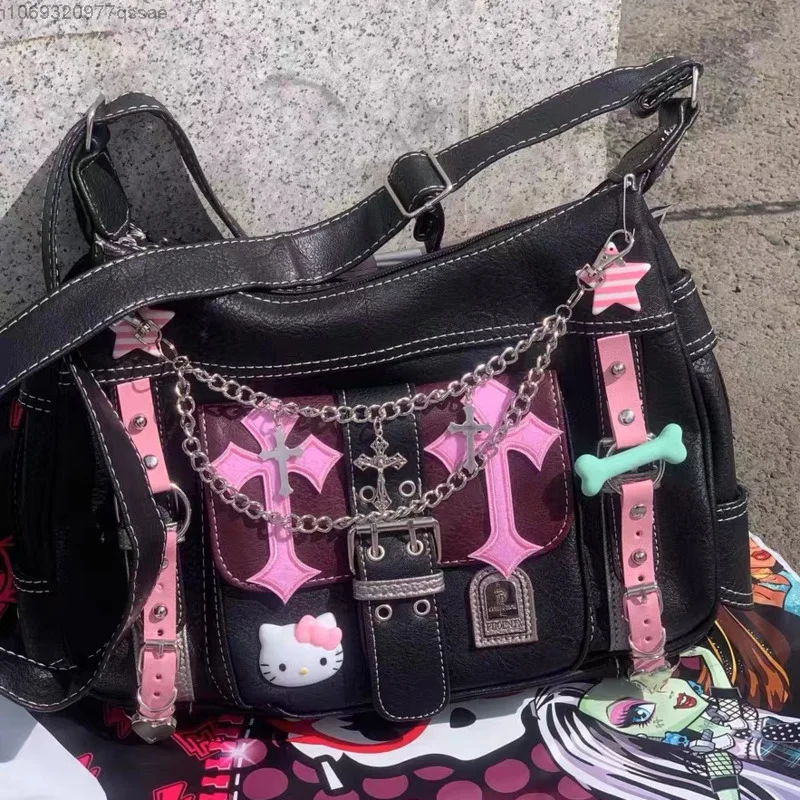 Imagem -02 - Sanrio Hello Kitty Vintage Pink Crossbody Bolsas para Mulheres Bolsa Punk Gótica Tendência Y2k Bolsala com Zíper Escolar Menina Quente