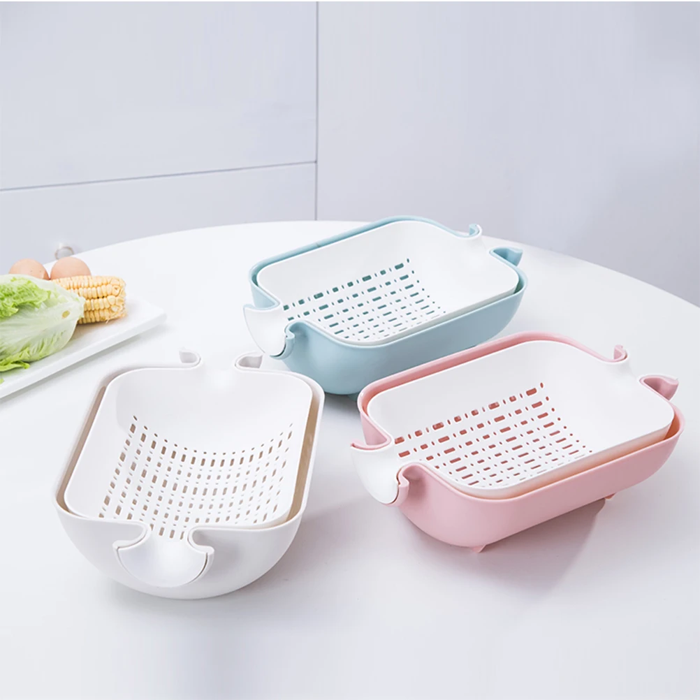 

Double Layer Draining Basket Fruit Storage Vegetable Washing Rack Square Household Mesh Hole Design Easy Washing Fruits