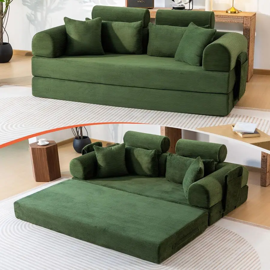 

79 Corduroy Sofa Bed Sleeper Couch, 6in1 Convertible Boneless Floor Futon Loveseat, HighDensity Foam Couch in a Box with 2 Head