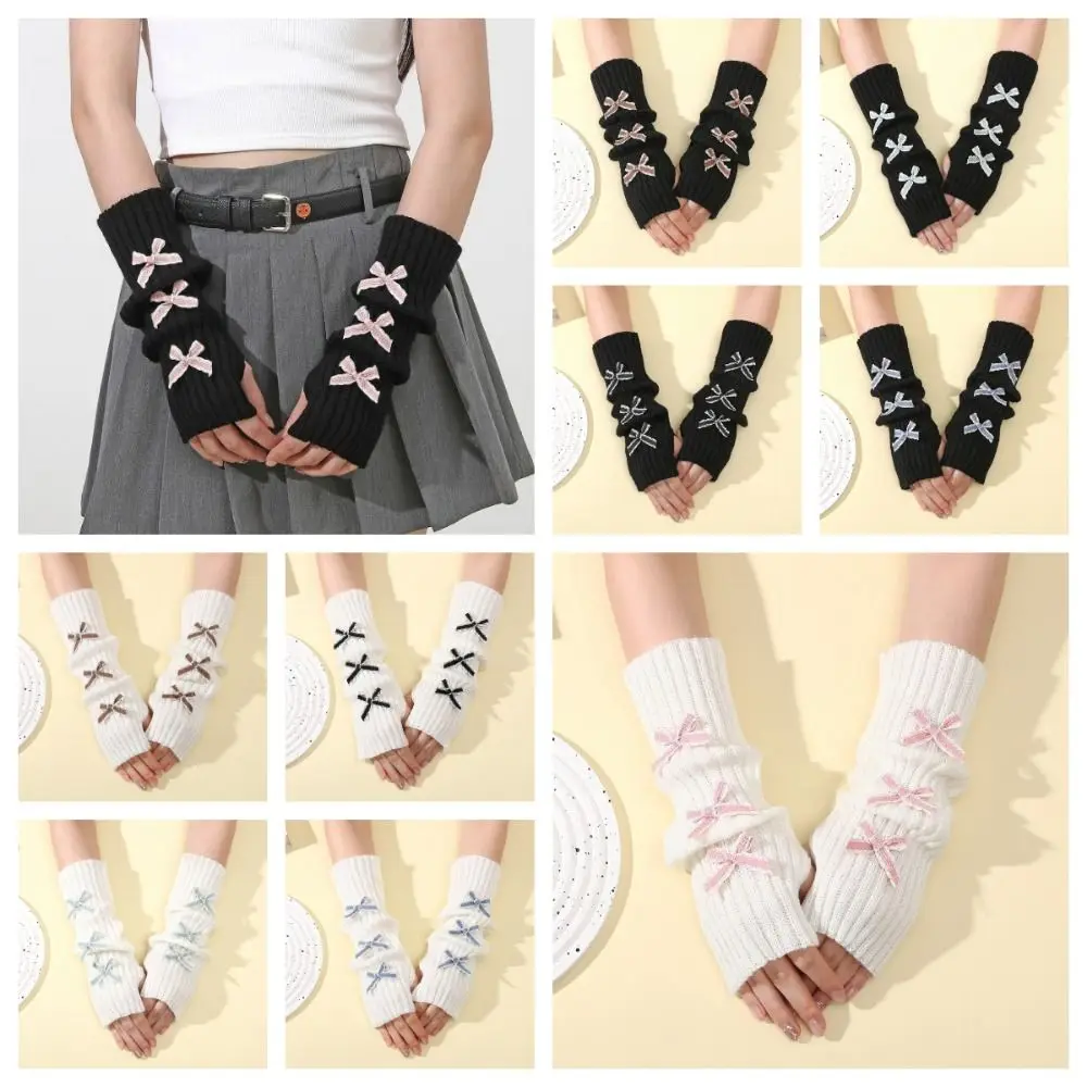 Cute Thicken Bow Arm Warmers Long Knit Soft Knitted Y2K Fingerless Gloves Sweet Bowknot Sleeve Cover Autumn
