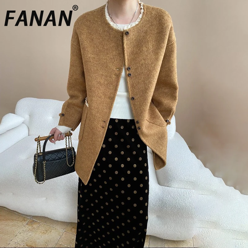 

FANAN Office Lady Lace Design Wool Coats Women's Round Neck Signle Breasted Thick Warm Temperament Jackets Female Winter New