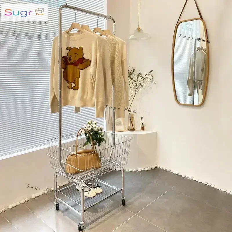 

Mobile Clothing Store Display Rack Floor Special Women's Clothing Rack with Wheels Shopping Cart Storage Rack Hangers