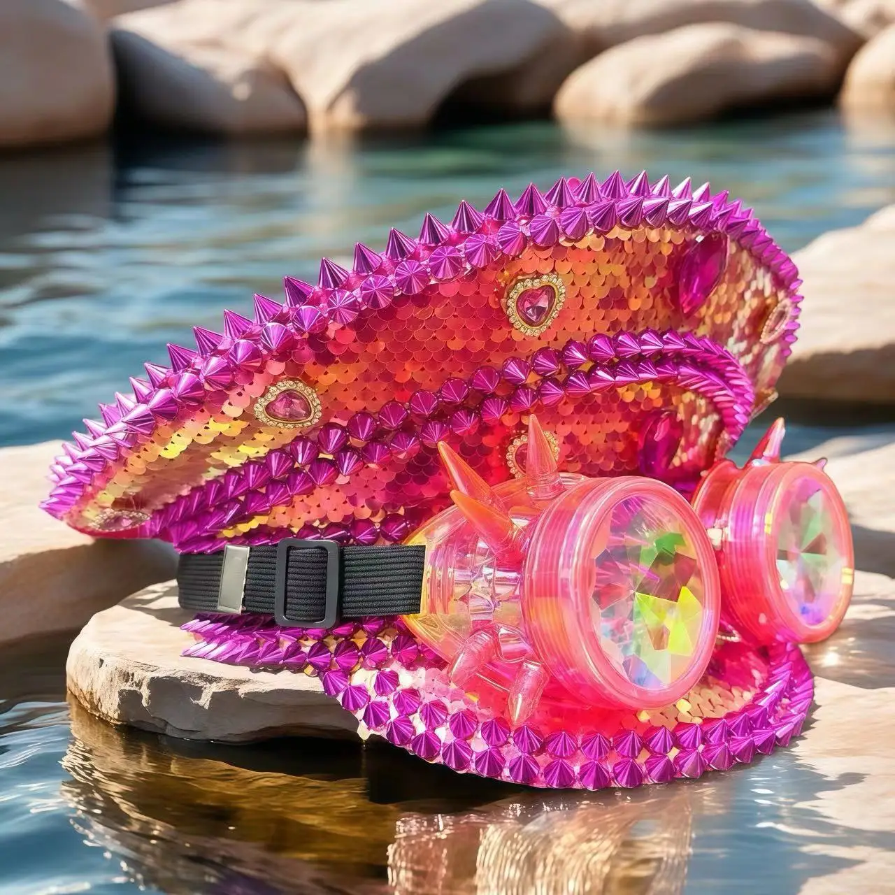 

HongLuan Steampunk Pink Captain Hat Rhinestone for Burning Man Festival Woman with Goggles, Military Accessories & Cap for Man
