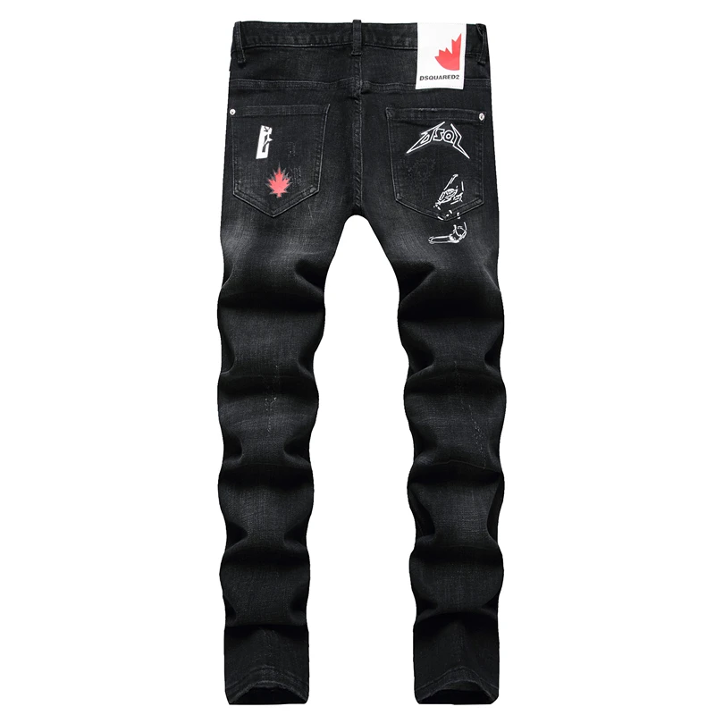 Black Digital Print Fashion Ripped Jeans Letter Embroidery Pressed Drill Mid-Waist Casual Denim Pants