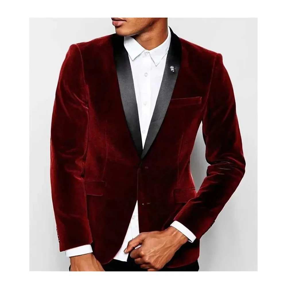 Handsome Burgundy Men\'s Blazer 1 Piece Black Shawl Lapel Single Breasted Jacket Male Outerwear Formal Business Gentleman Coat