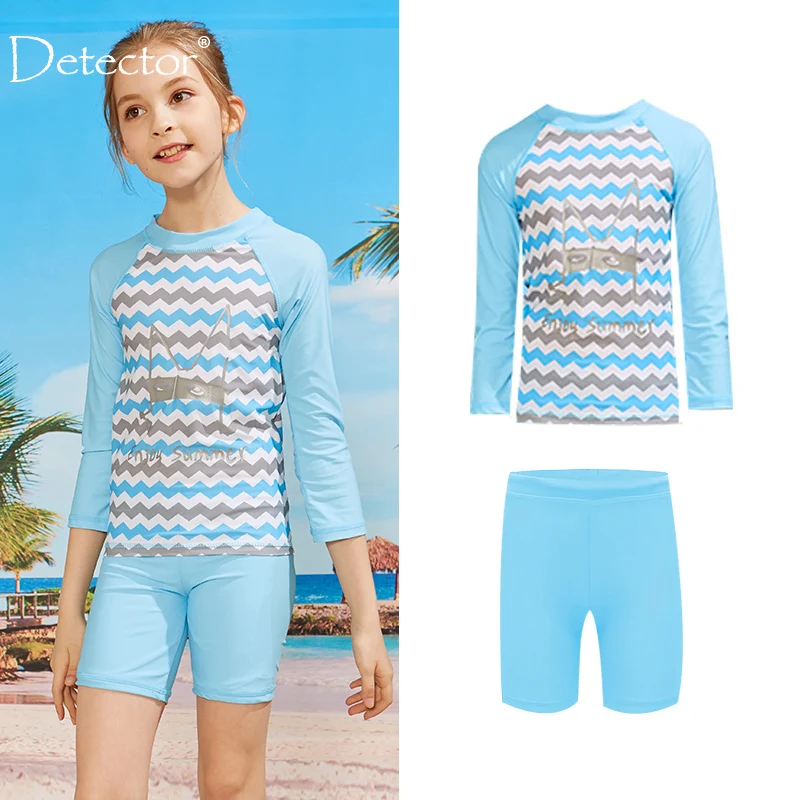 2 Piece Kids Girls Swimsuits Beachwear Printed Summer T-shirt Long Sleeve Children's Swimsuit Striped Swimwear Bathing Suits