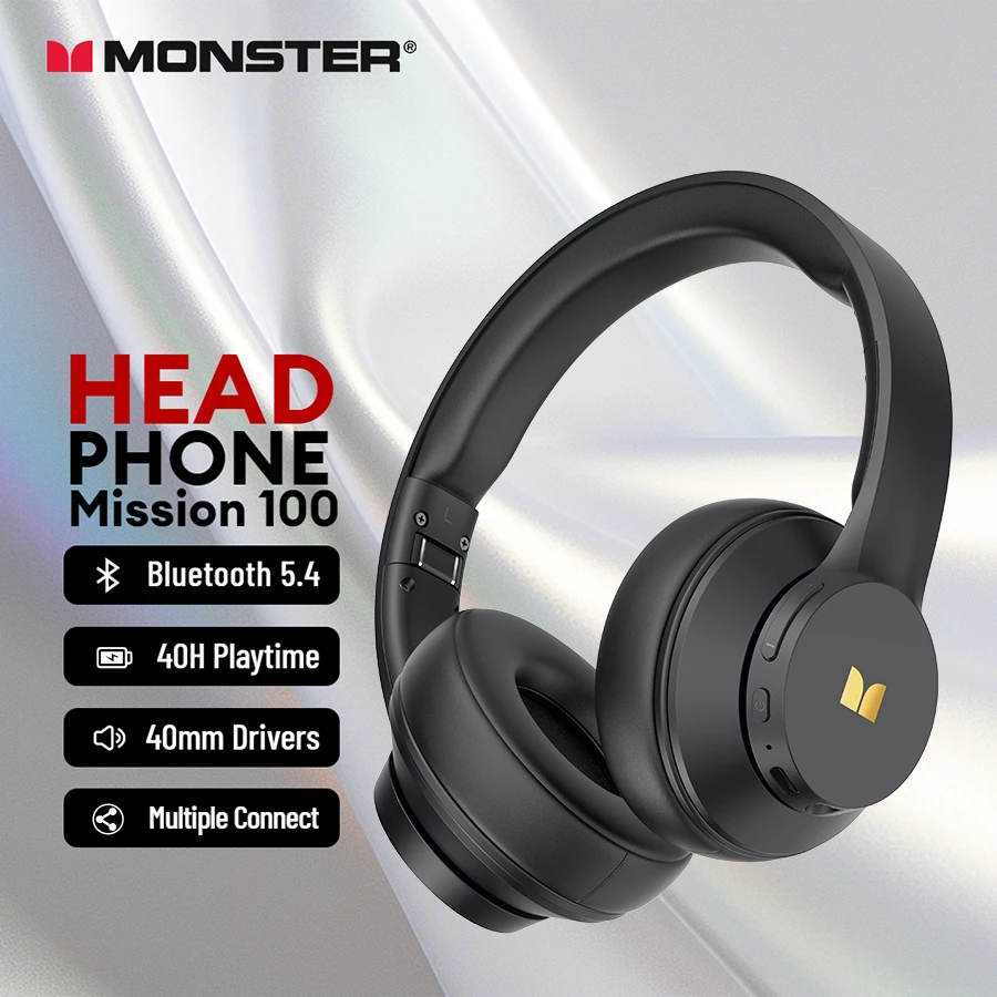 Беспроводные Bluetooth-наушники Monster Mission100, Hi-Fi стереонаушники, складная гарнитура с аудиокабелем для iPhone, ноутбуков, ПК, ТВ