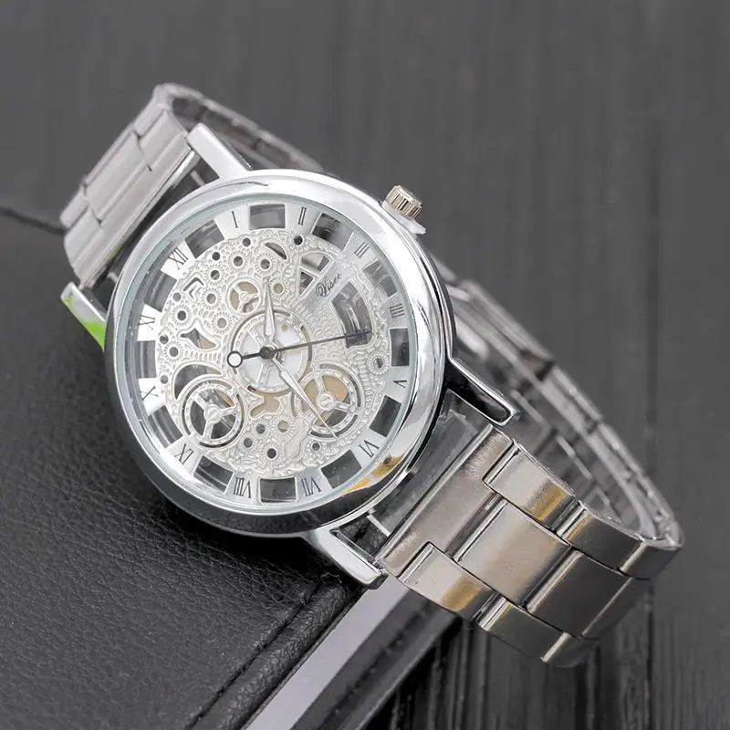 New see-through skeletonized steel band watch quartz wristwatch men's watches gift watches