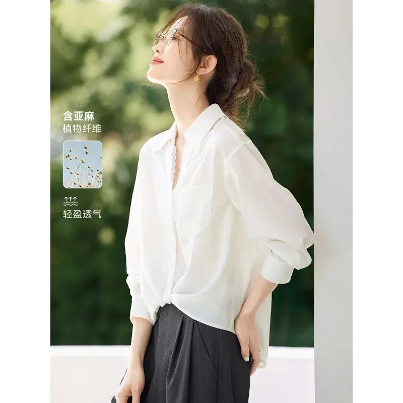 

Women's Linen Blend Lace Trim Shirt Loose Long Sleeve Breathable Casual Blouse