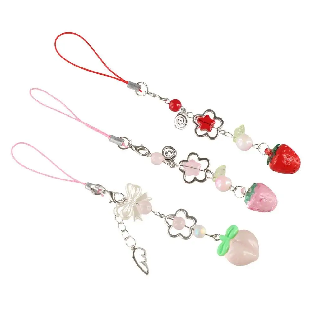 Cute Sweet Y2K Strawberry Phone Lanyard Transparent Pendant Fruits Phone Chain Pink Red Peach Phone Strap Charm Phone Case