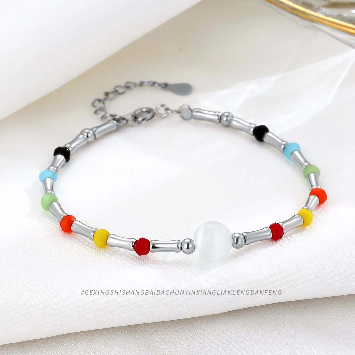 Stylish and Unique S925 Pure Silver Rainbow Bamboo Node White Cat Eye Stone Bracelet for Women