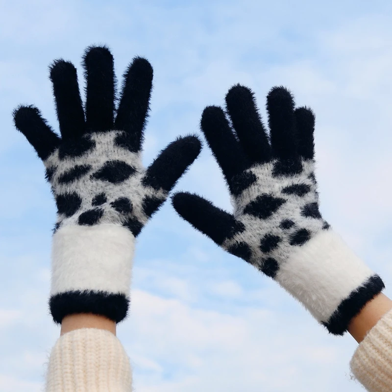ركوب الدراجات قفازات قطيفة دافئة جديدة للرجال والنساء الكورية ليوبارد موضة مخطط أصابع الهاتف المحمول قفازات شاشة لمس #1