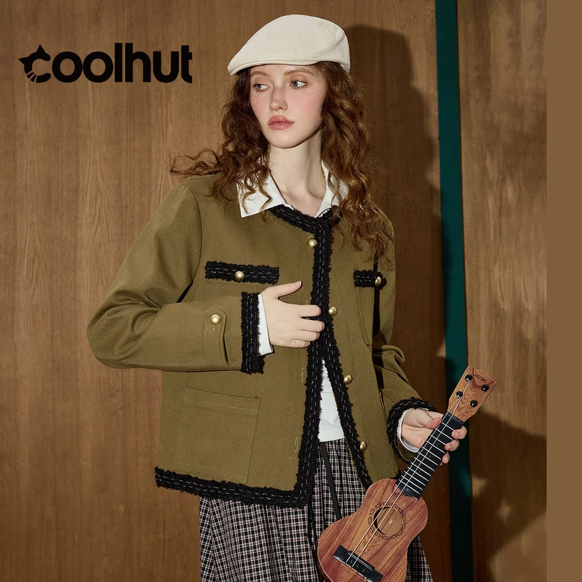 

COOLHUT Women's 2025 French Vintage Chic Contrast Trim Short Jacket Long Sleeve Loose Fit Pocket Detail Niche Fall Outerwear