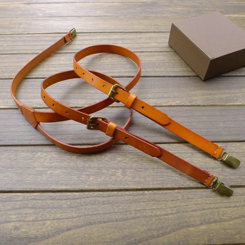 Light brown top layer leather suspenders Men's and women's genuine leather vintage suspender with bronze three clips