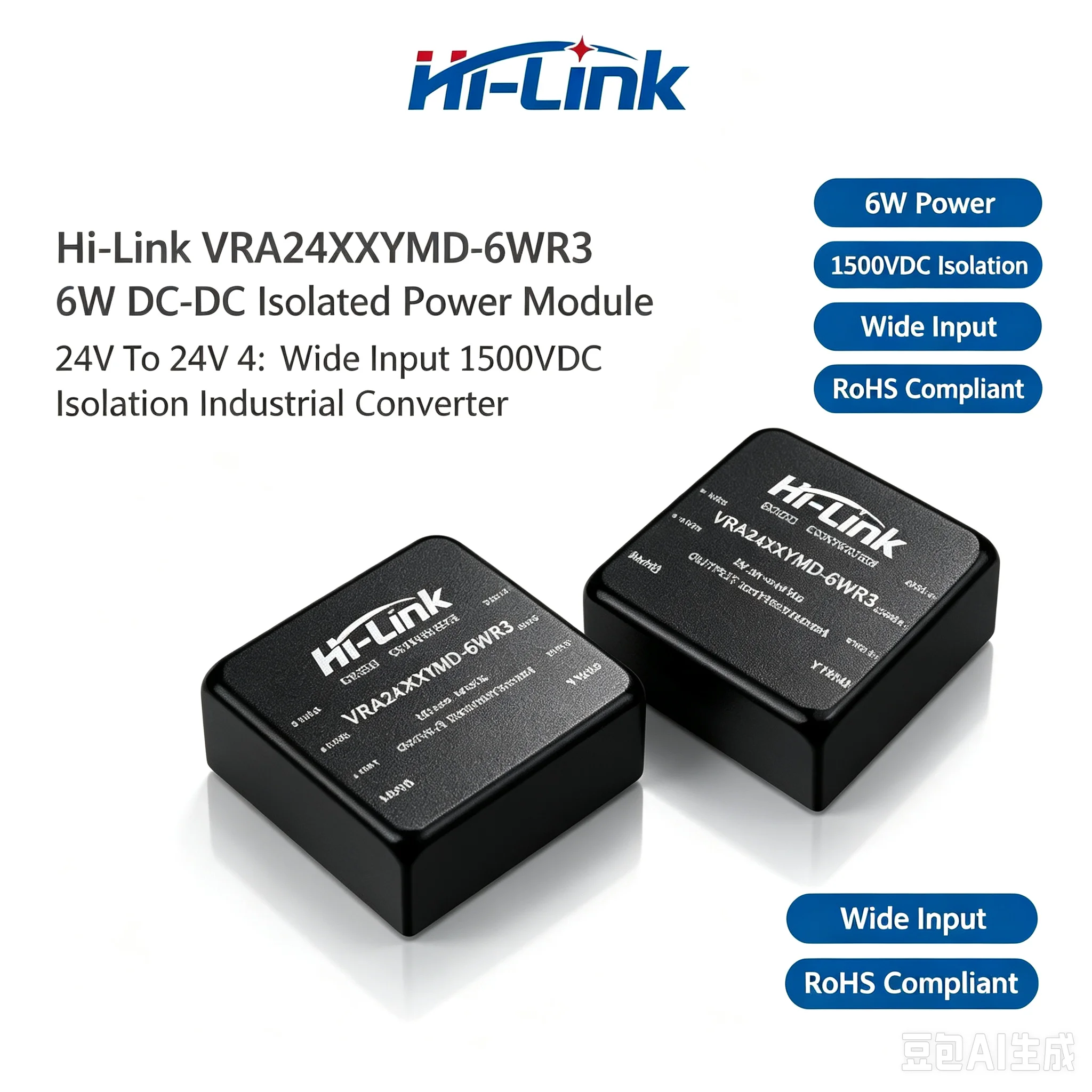 Hi-Link VRA24XXYMD-6WR3 6W DC-DC Isolated Power Module 24V To 24V 4:1 Wide Input 1500VDC Isolation Industrial Converter