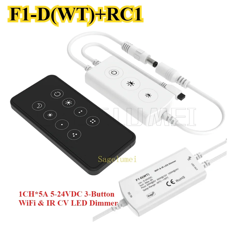 SKYDANCE DC5-24V F3-D(WT)+RC3 F1-D(WT)+RC1 3-Button WiFi & IR RGB CV LED Controller Tuya App 1CH*5A 3CH*1.5A LED strip IR remote