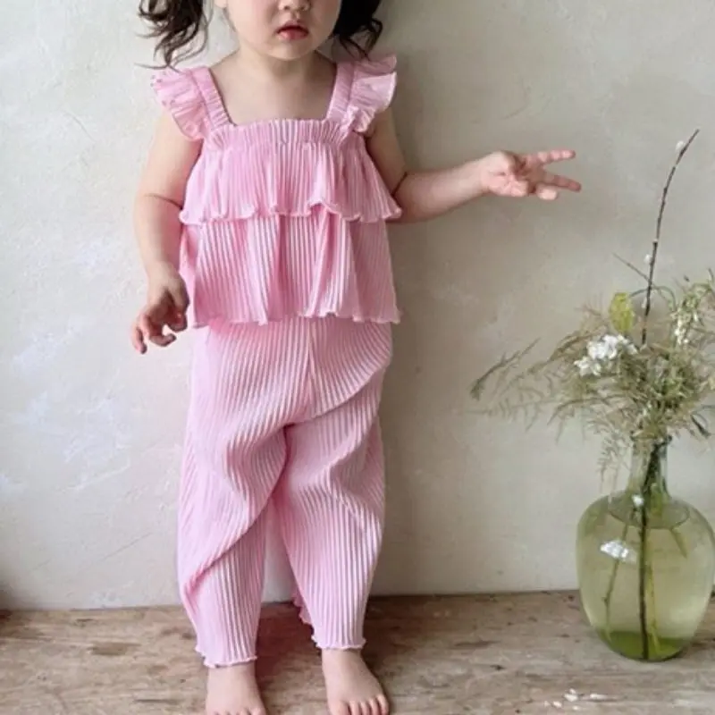 

2026 Summer New Children Solid Simple Clothes Set Girls Flying Sleeve Lace Vest + Trousers 2pcs Suit Thin Cotton Kids Outfits
