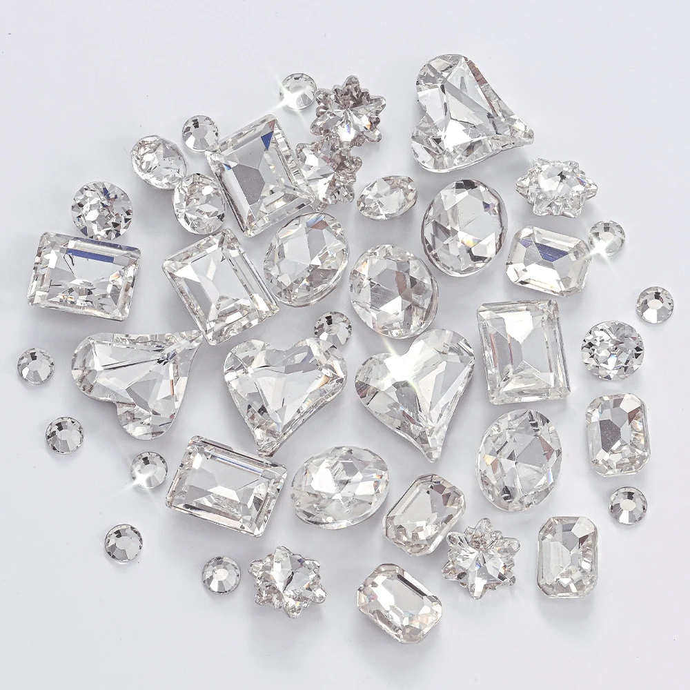 K9 branco irregular coração/retangular prego strass misturado luxo glitter vidro semicírculo diamante encantos do prego diy decoração de cristal