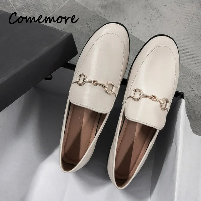 Comemore 2026 Spring Women Slip on Loafer Spring Fashion Ladies British Metal Flat Shoes Pumps Female Green Casual Leather Flats view 3