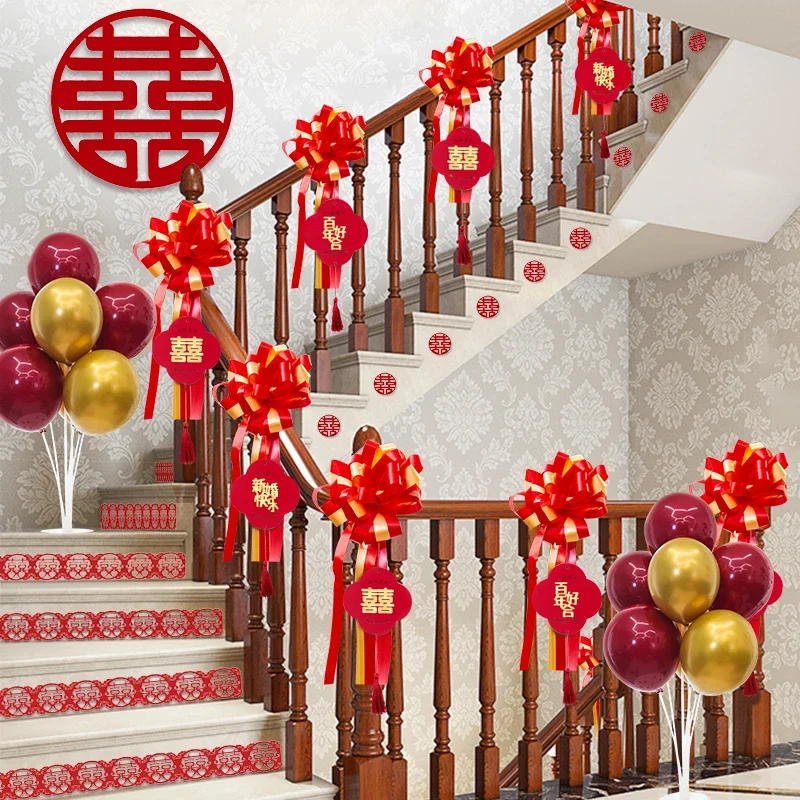 Wedding decoration latte stairway handrail ribbon flower ball living room wedding room decoration supplies complete