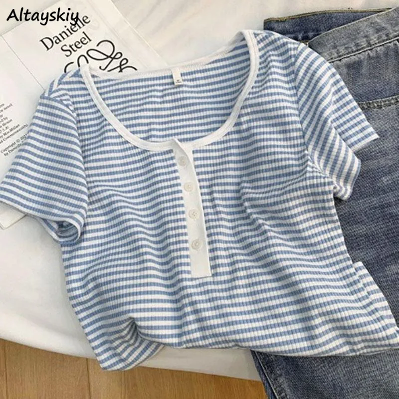 

Blue Striped T-shirts for Women Summer Thin Tees Short Sleeve Ins Casual Button Design O-neck Simple Korean Style Students Chic