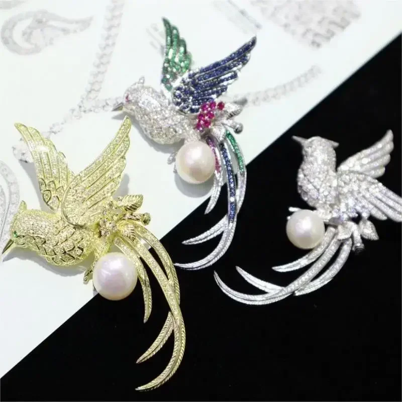 

RUIF 2023 Elegant S925 Silver Three Colors Zircona 5A Gemstones Pearl Hummingbird Brooch Jewelry for Woman Gift