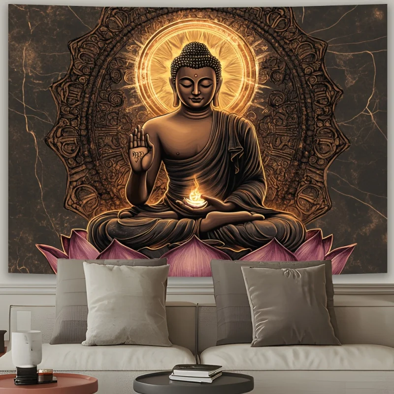 VIKAMA Schwarz-Gold Buddha Licht-Wandteppich Zen Vergoldete Flammen-Kunst Wandbehang für Wohnzimmer Arbeitszimmer Neue Chinesische Dekoration Yoga-Studio