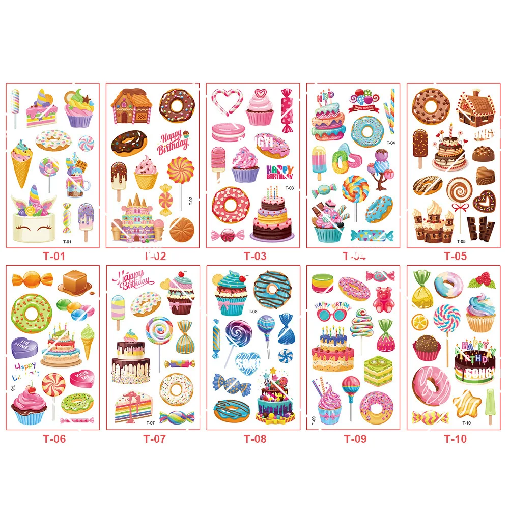 10Sheet Children's Tattoo Waterproof Dessert Birthday Tattoo Stickers Ice Cream Cake Tattoo Stickers Hand Arm for Child Boy Girl