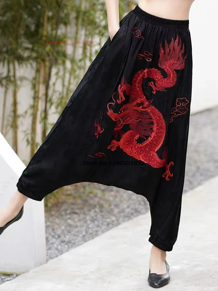 2025 التنين الصيني التطريز الساتان الجاكار البنطلونات السراويل التقليدية العرقية خمر harajuku سراويلي حريمي الرجعية السراويل الفضفاضة #3