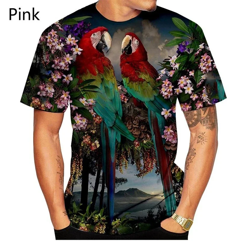 Men Crew Neck Short Sleeve T Shirt 3D Print Macaw Parrot Couple Tropical Floral Graphic Polyester Casual Tee