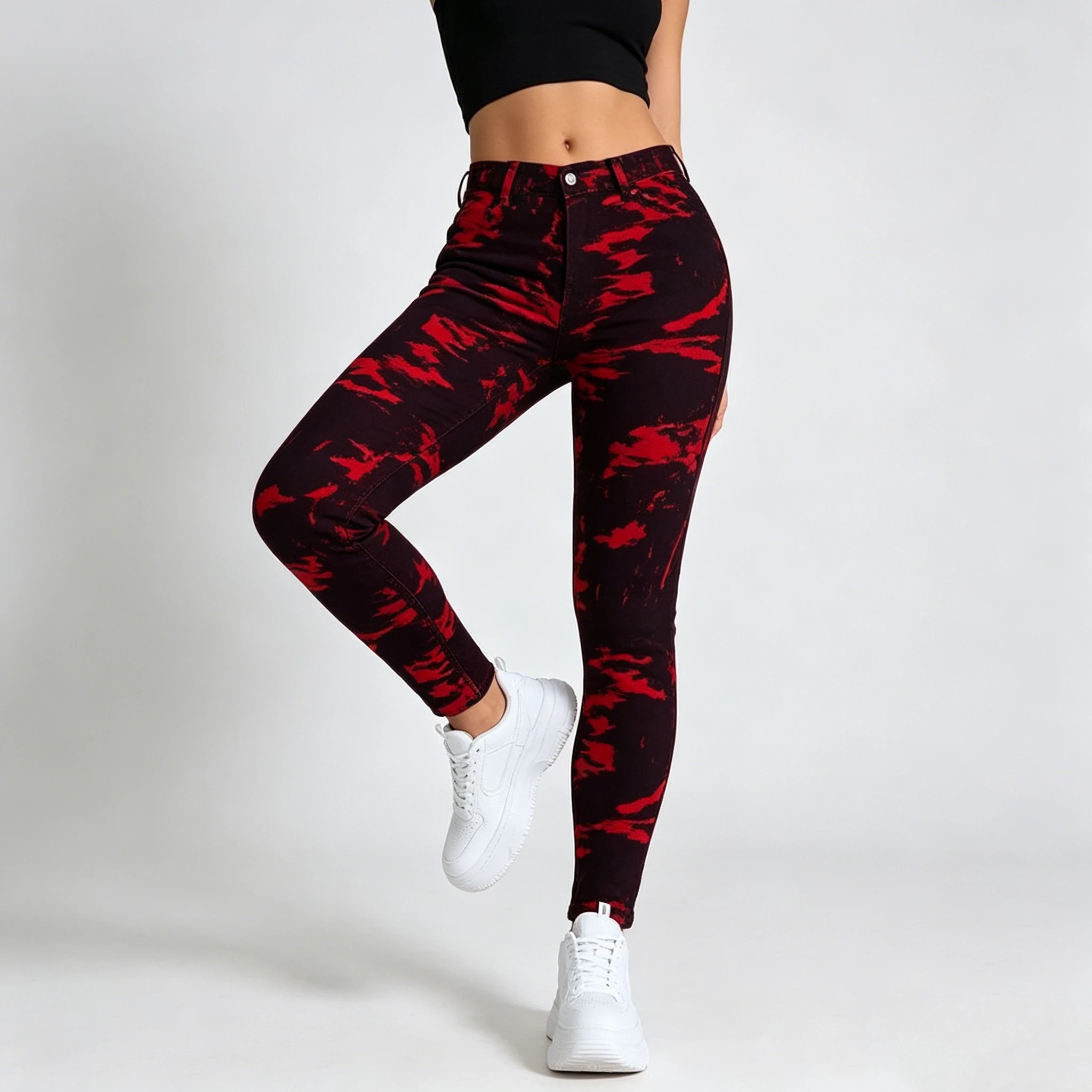 Stretchy Red Black Womens Jeans Butt Lifting Tummy Control Skinny Women Pants High Waist Slim Fit Casual Tapered Leg Comfortable