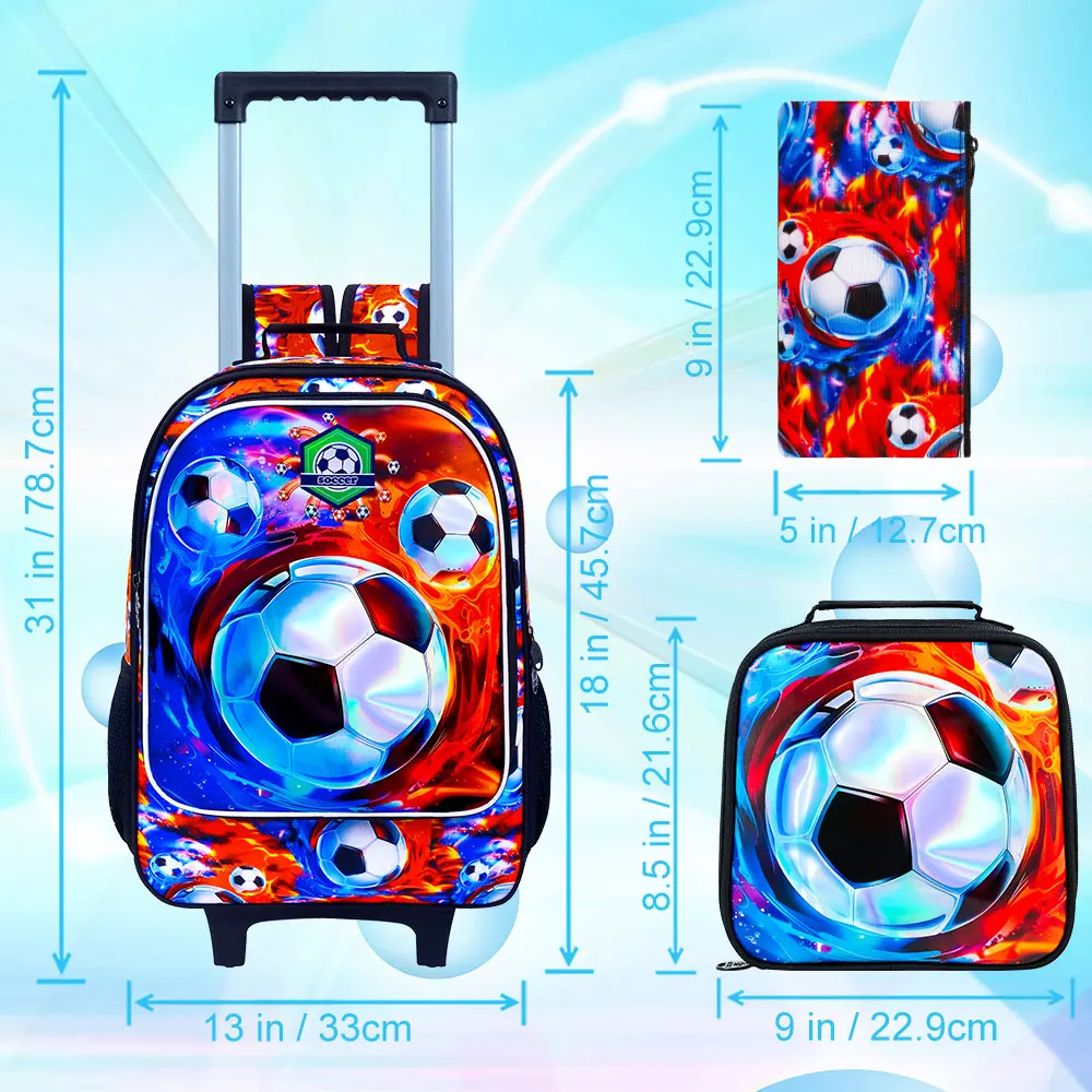 3PCS Rolling Backpack for Boys, Kids Roller Wheels Bookbag, Wheeled Elementary School Bag with Lunch Bag - football