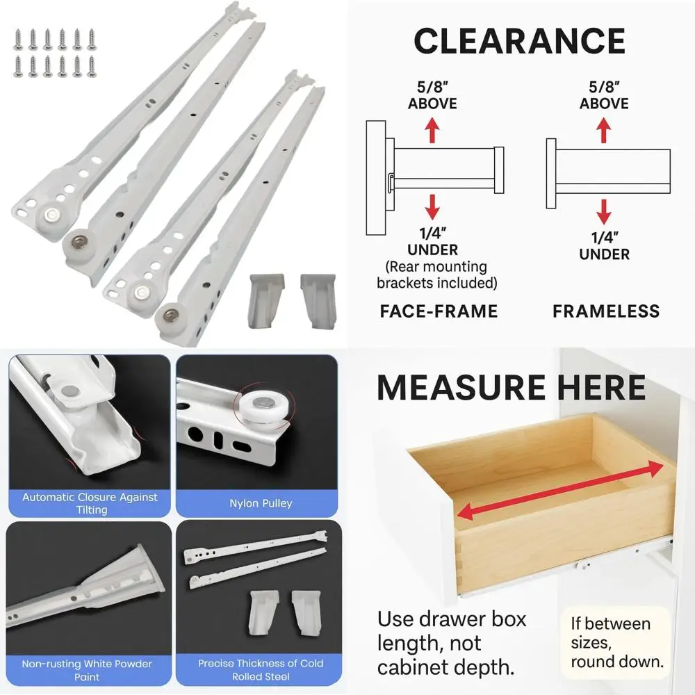 

Face-Frame and Frameless Cabinet Slides, 22 Inch Euro Style, 8-Pack, 75lbs Cold Rolled Steel, Powder Coated, Large Size Option