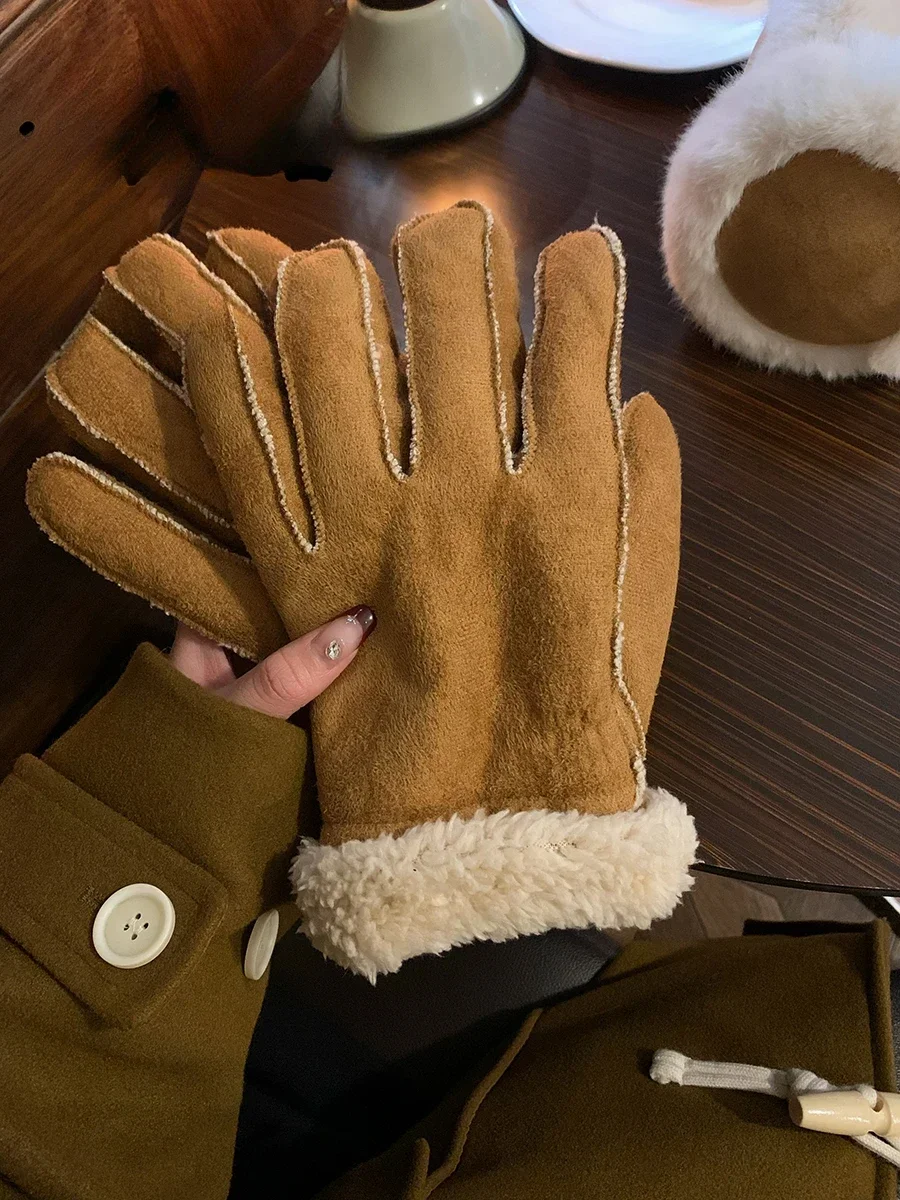 

Winter Retro Suede Warm Gloves Riding Skiing Dual Purpose Gloves Ladies Outdoor Camping