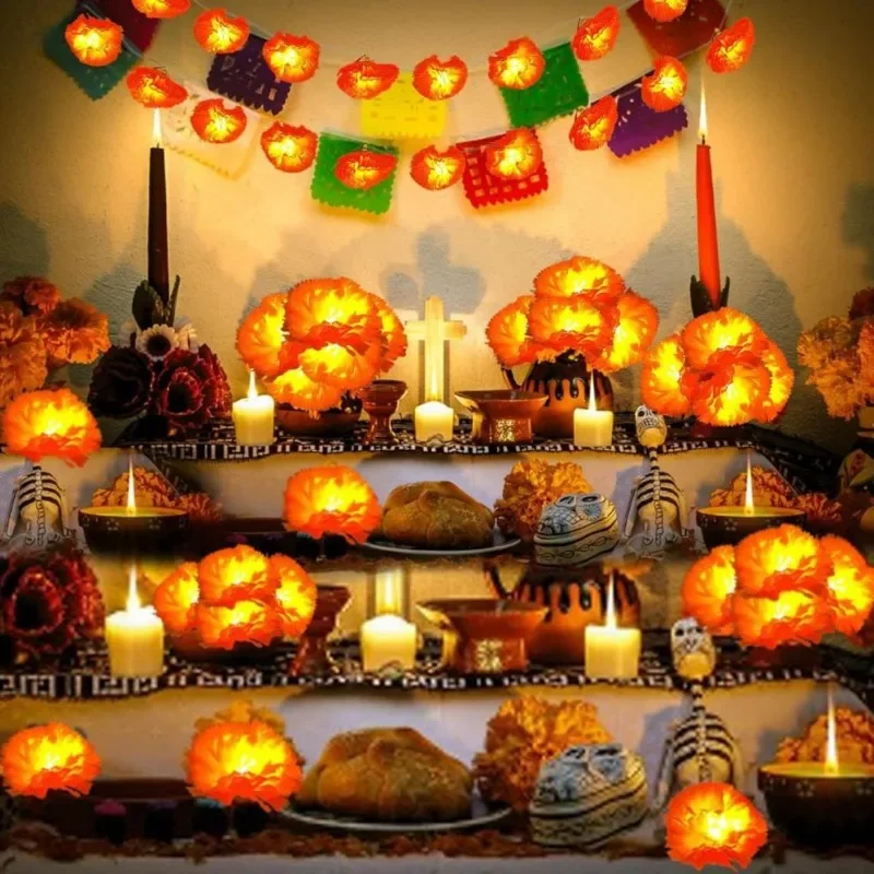 Guirnalda de luces LED de caléndula naranja de 5 pies para el día de los muertos, Halloween, Diwali, fiesta de Navidad, decoración del hogar