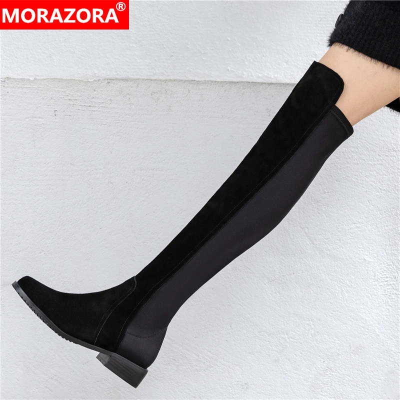 

MORAZORA Ins/Новые замшевые сапоги выше колена из натуральной кожи, женские модные эластичные сапоги, осенне-зимние высокие сапоги до бедра