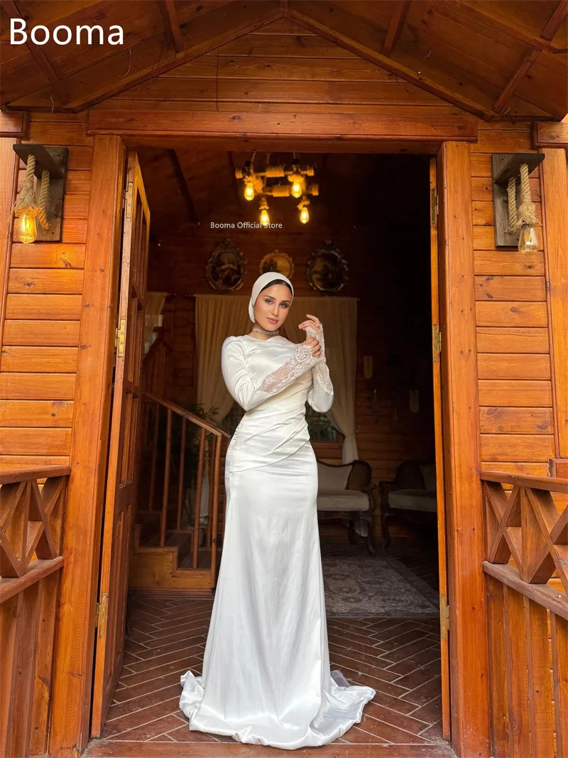 Booma حورية البحر دانتيل فساتين زفاف طويلة مطوي طول الأرض ساتان فستان عرائس أنيق المملكة العربية السعودية مصنوع حسب الطلب 2025 #3