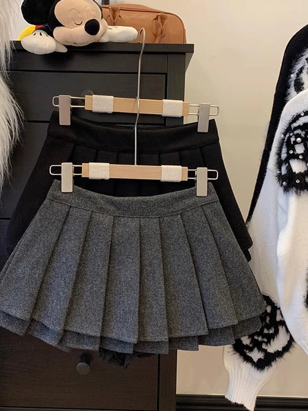 Deep Grey Woolen A-Line  Skirt Women's High Waist Slimming Double Layered Autumn Winter Fashion College Style Skirts