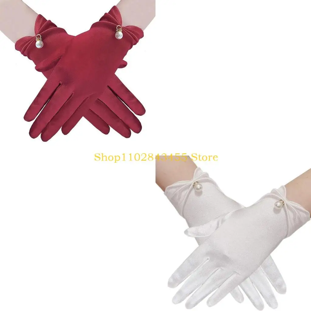 49MC Elegant Satined Gloves for Women Formal Occasion Gloves Ceremonial Wrist Length Pearls Gloves for Evening Dancing Party