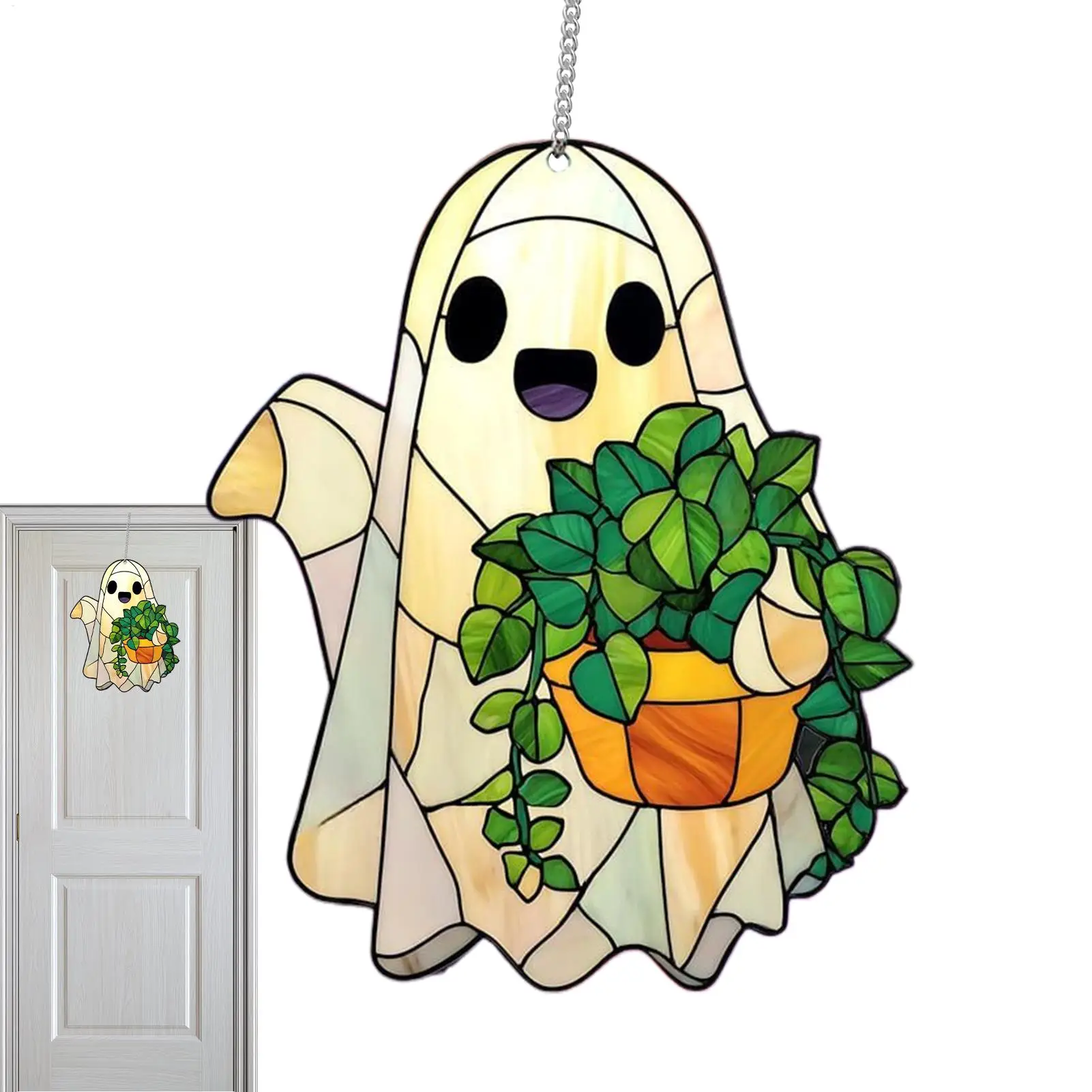 

Halloween Ghost Stained Glass Halloween Tree Ornaments 2D Cute Spooky Pendant Sun Catcher For Window Decor Indoor Outdoor