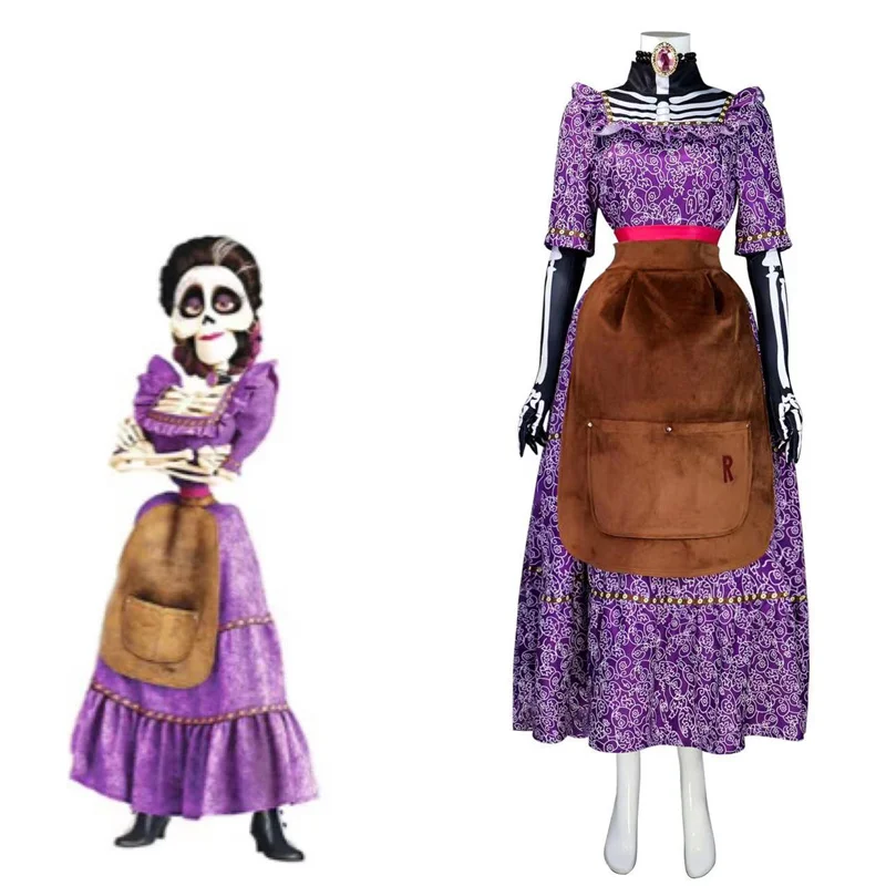 Movie Mama Imelda Cosplay Costume Skeleton Purple Dress Music Dreaming Around Halloween Party Fancy Gown