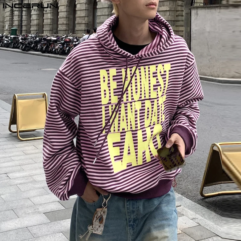 

INCERUN Korean Fashion Long Sleeve Sweatshirts 2024 Men Autumn Loose Stripes Splicing Hoodies Casual Printing O-Neck Pullovers