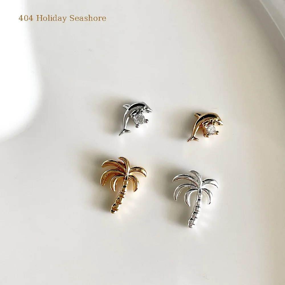 

-Holiday Seashore- Summer Coast Style Charms Chrome Coconut Tree Dolphin Alloy Relax Nail Pretty Design Metallic Ornament 404art