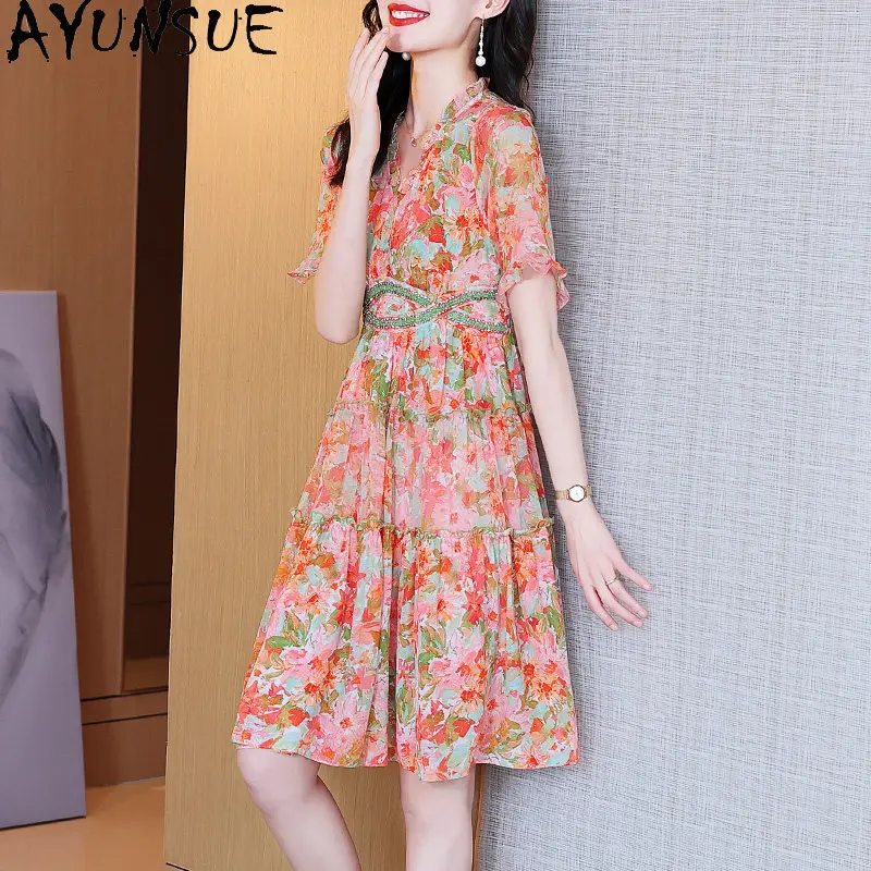 AYUNSUE 100% Natural Mulberry Silk Dress for Women Clothing Fashion Summer Dress New Style Elegant Womens Dresses Платье Женское