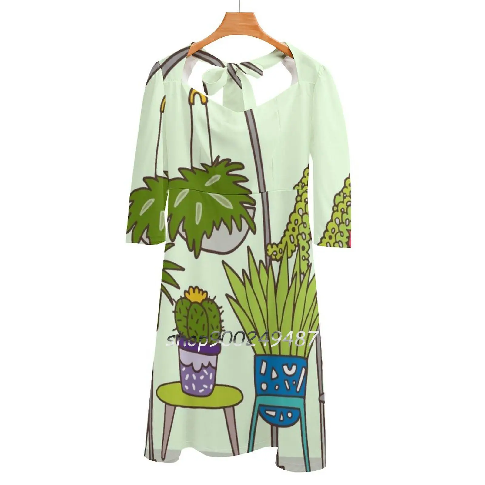 Plant Life Square Neck Dress New Plus Size Elegant Women Waist Tight Dress Plants Botanical Pot Plant Cactus Succulent Fern