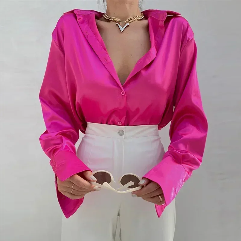 

2025 NEW Long Sleeve Blouses Elegant Satin Shirts Women Fashion Woman Tops Spring Vintage Casual Loose Buttons Clothes 18913