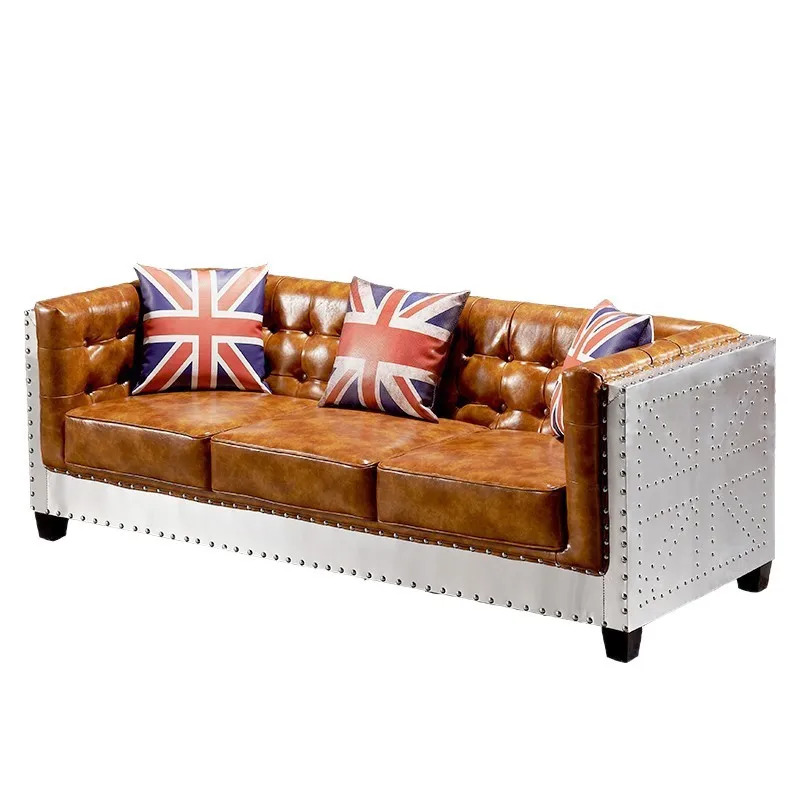 

Retro oil wax leather American industrial style sofa genuine leather cigar bar aluminum leather punk style sofa art furniture