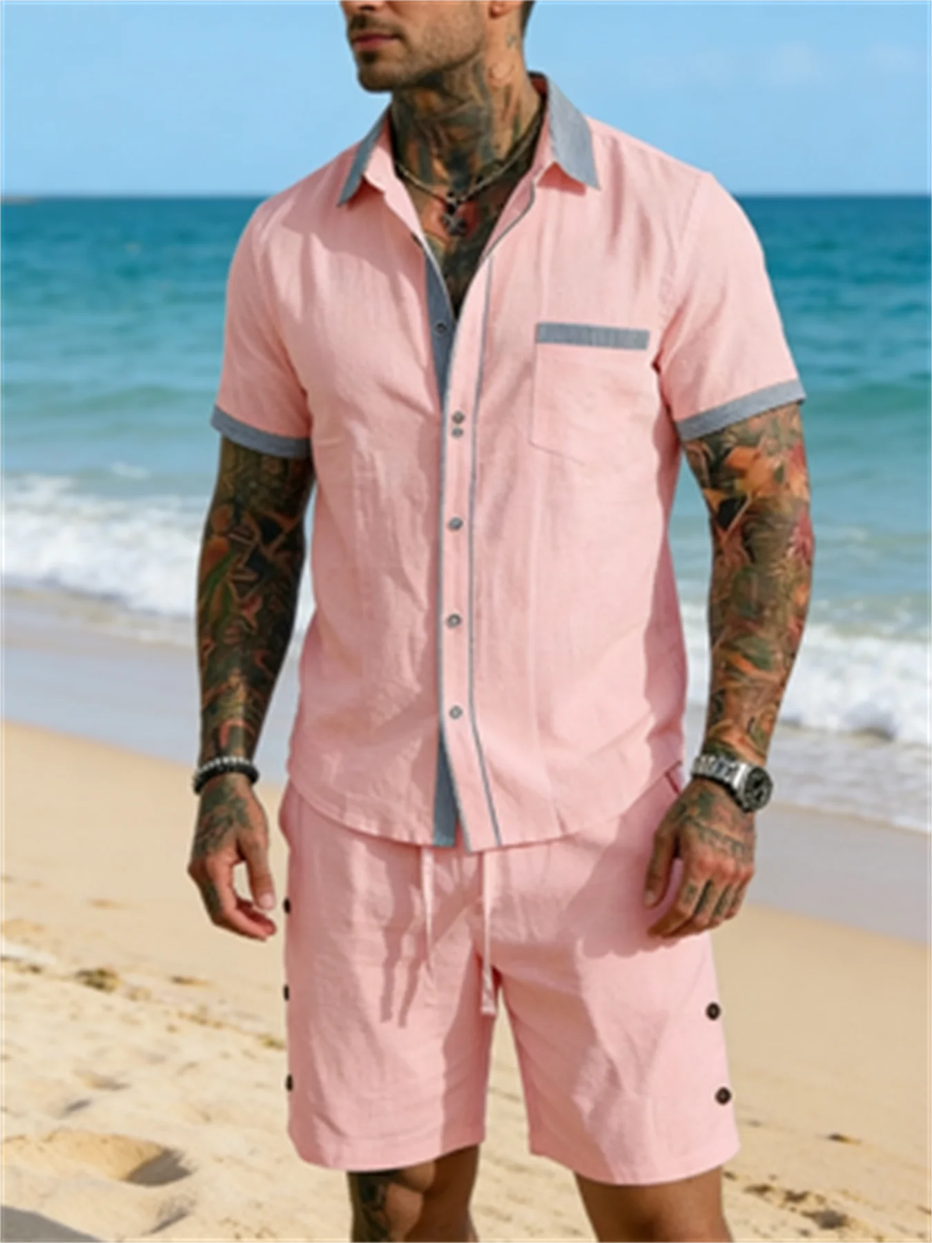

2026 New Style Summer Men's Casual Shirt Shorts Sets Comfortable Loose Lapel Short Sleeve Shorts Beach Suit Fashion Men Suit